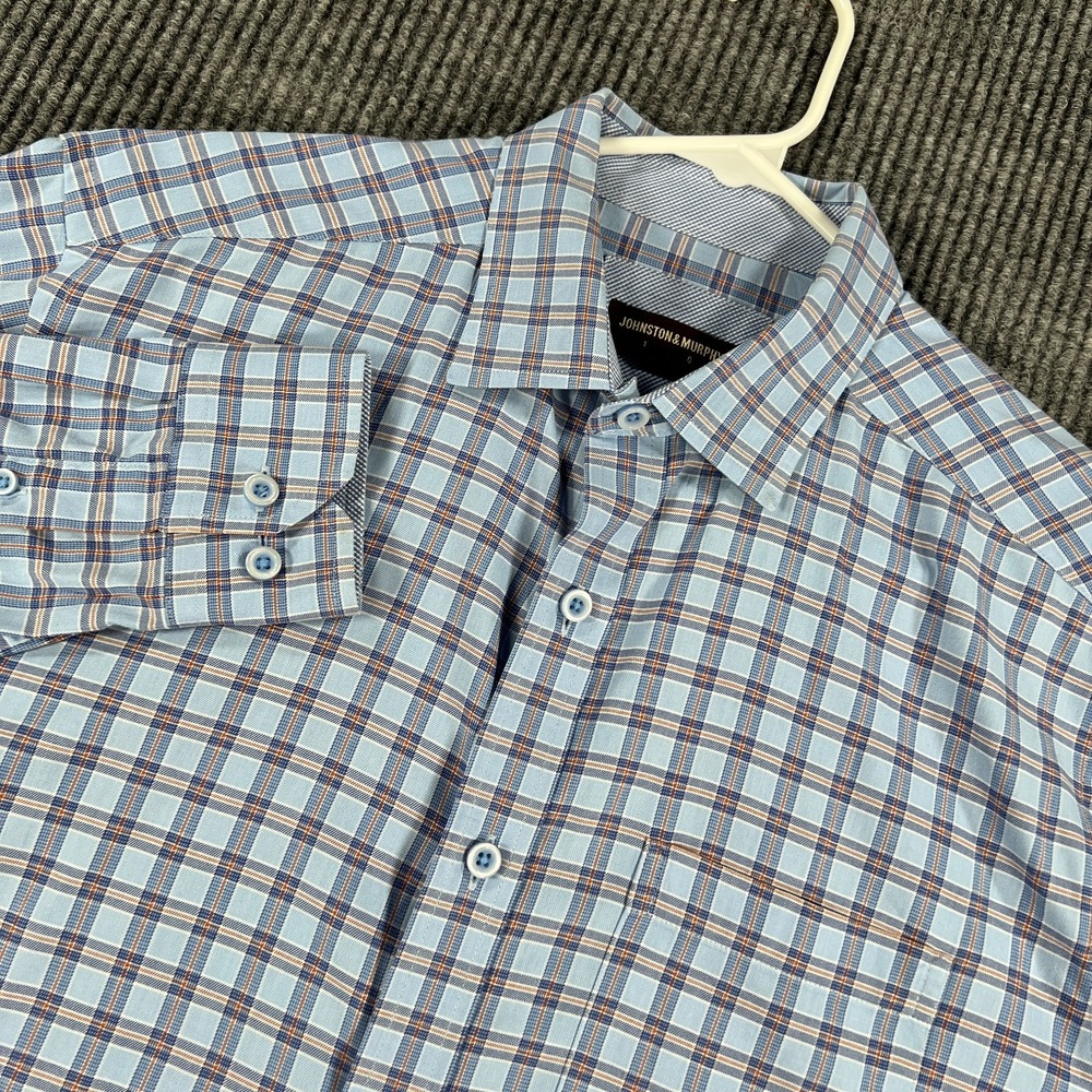 Johnston & Murphy Shirt Mens Medium Blue Plaid Long Sleeve Button Up Casual